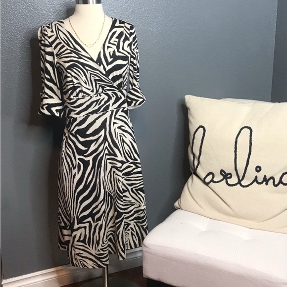 Make offer! Diane Von Furstenberg 100% silk Zebra Print Midi Dress black  Size10 - Picture 1 of 5